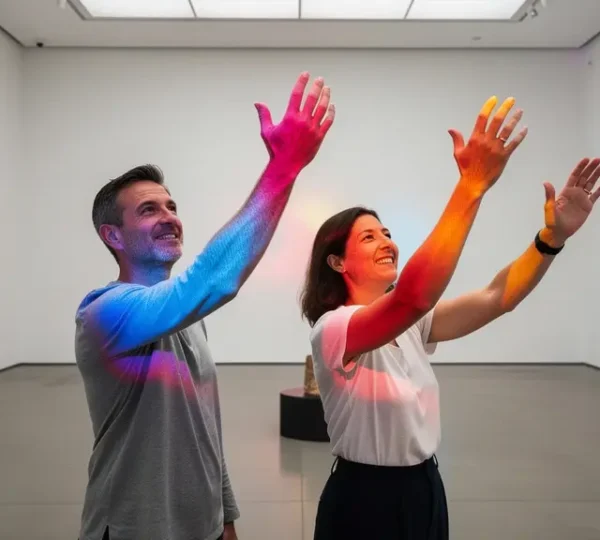 Visiteurs interagissant avec une installation lumineuse dans un espace d'exposition interactive