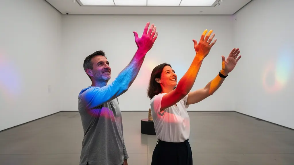 Visiteurs interagissant avec une installation lumineuse dans un espace d'exposition interactive