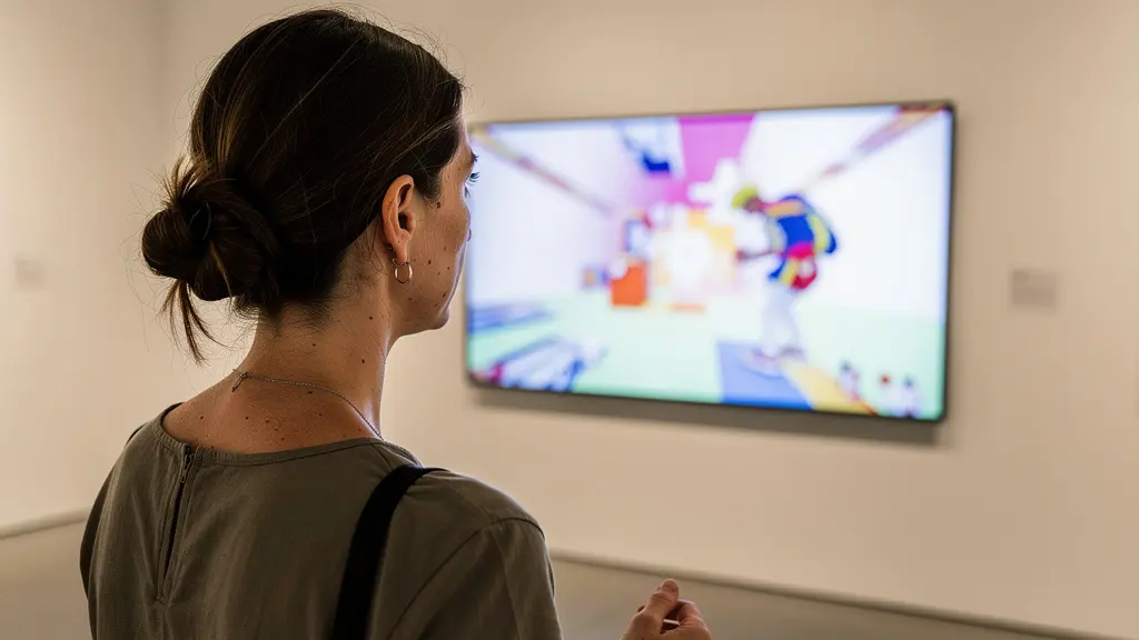 Visiteuse devant un écran interactif réagissant à sa présence dans une galerie d'art contemporain