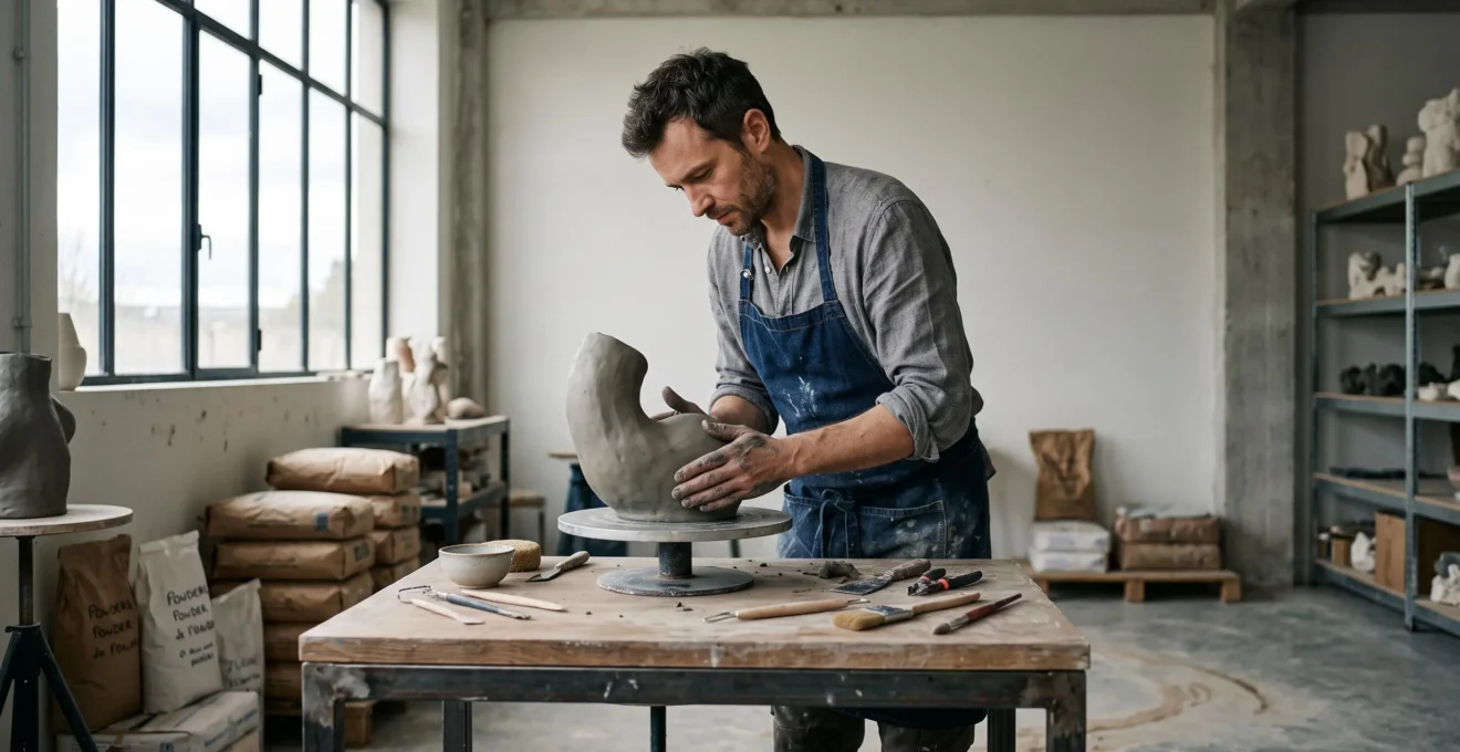 Sculpteur contemporain modelant une forme abstraite en argile dans son atelier lumineux, mains en contact direct avec la matière, outils de sculpture disposés sur l'établi