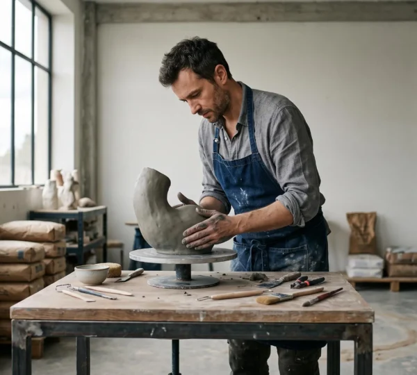 Sculpteur contemporain modelant une forme abstraite en argile dans son atelier lumineux, mains en contact direct avec la matière, outils de sculpture disposés sur l'établi