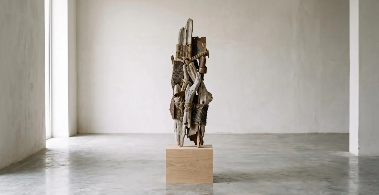 Sculpture contemporaine abstraite assemblée en bois flotté, fibres végétales et métal oxydé, exposée sur socle dans galerie contemporaine aux murs blancs