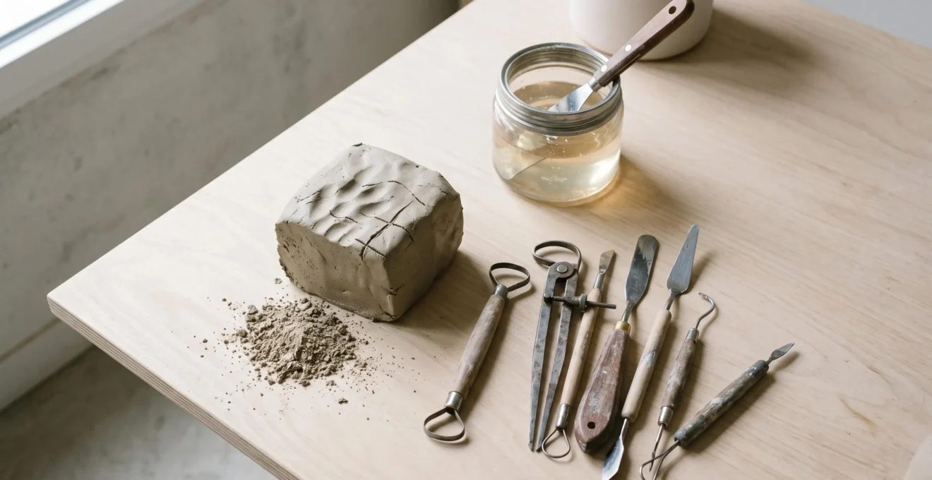 Table de travail d'atelier de sculpture présentant argile fraîche, résine translucide, outils métalliques et poudre de composite disposés naturellement sous lumière douce